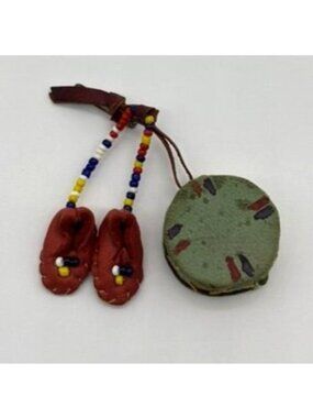 Vintage Native American Brooch Handmade & Hand Painted Miniature Moccasin & Drum